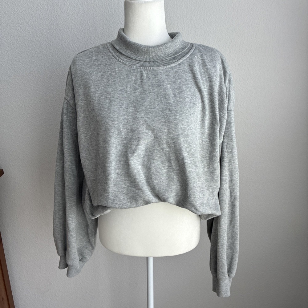 Pilcro Mock Neck Cropped Sweatshirt Grey Bubble Hem Pullover XL OB1866615 Cozy